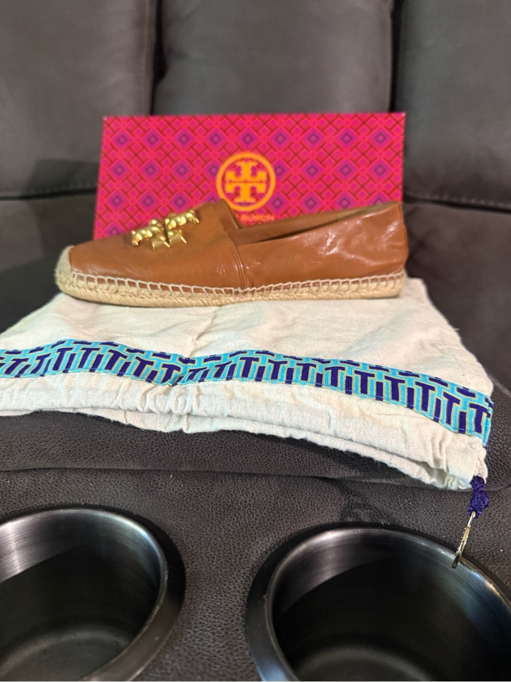 Tory Burch Brown Leather Espadrille Flats with Gold Logo size 8.5 - Picture 6 of 9